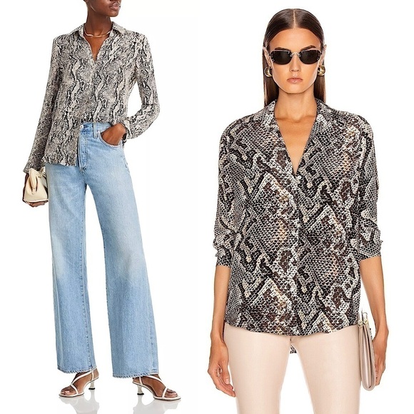 NWT L’AGENCE Silk Crepe Python Snake Print Long Sleeve V-Neck Button Up Blouse S - Picture 1 of 15